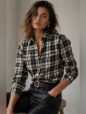 Polo Ralph Lauren Black & White Plaid Snap Front Flannel Shirt Women’s Size 2